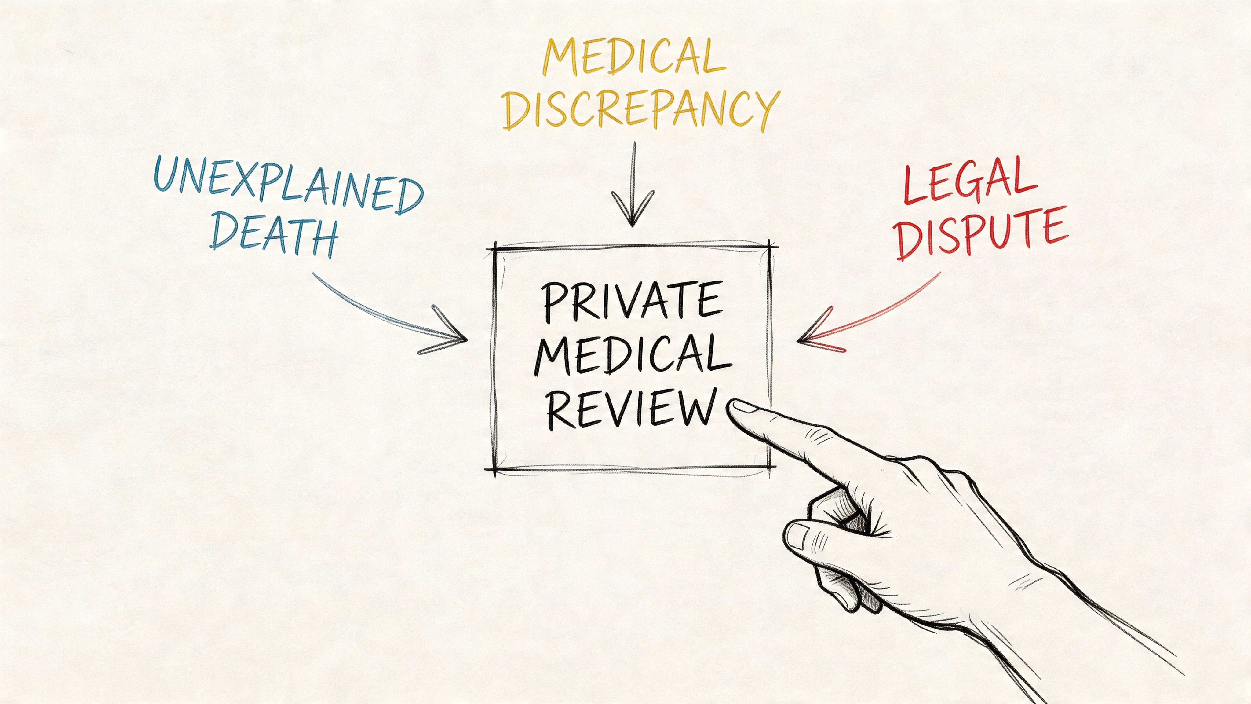 A hand points to a box labeled Private Medical Review surrounded by terms Unexplained Death, Medical Discrepancy, and Legal Dispute.