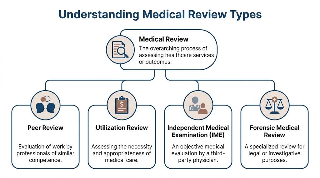 A diagram outlining four types of medical reviews: peer review, utilization review, independent medical examination, and forensic medical review.