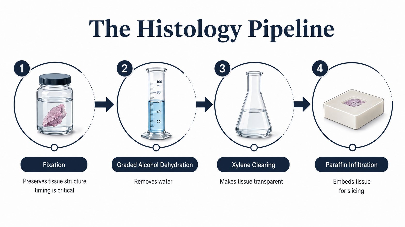 A diagram illustrating the four steps of the histology pipeline: fixation, dehydration, clearing, and paraffin infiltration.