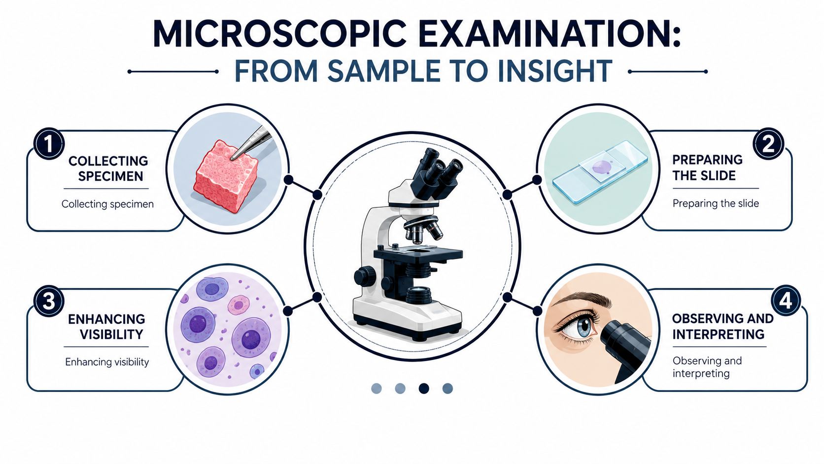 An infographic illustrating the four stages of microscopic examination, from collecting a specimen to observing and interpreting results.