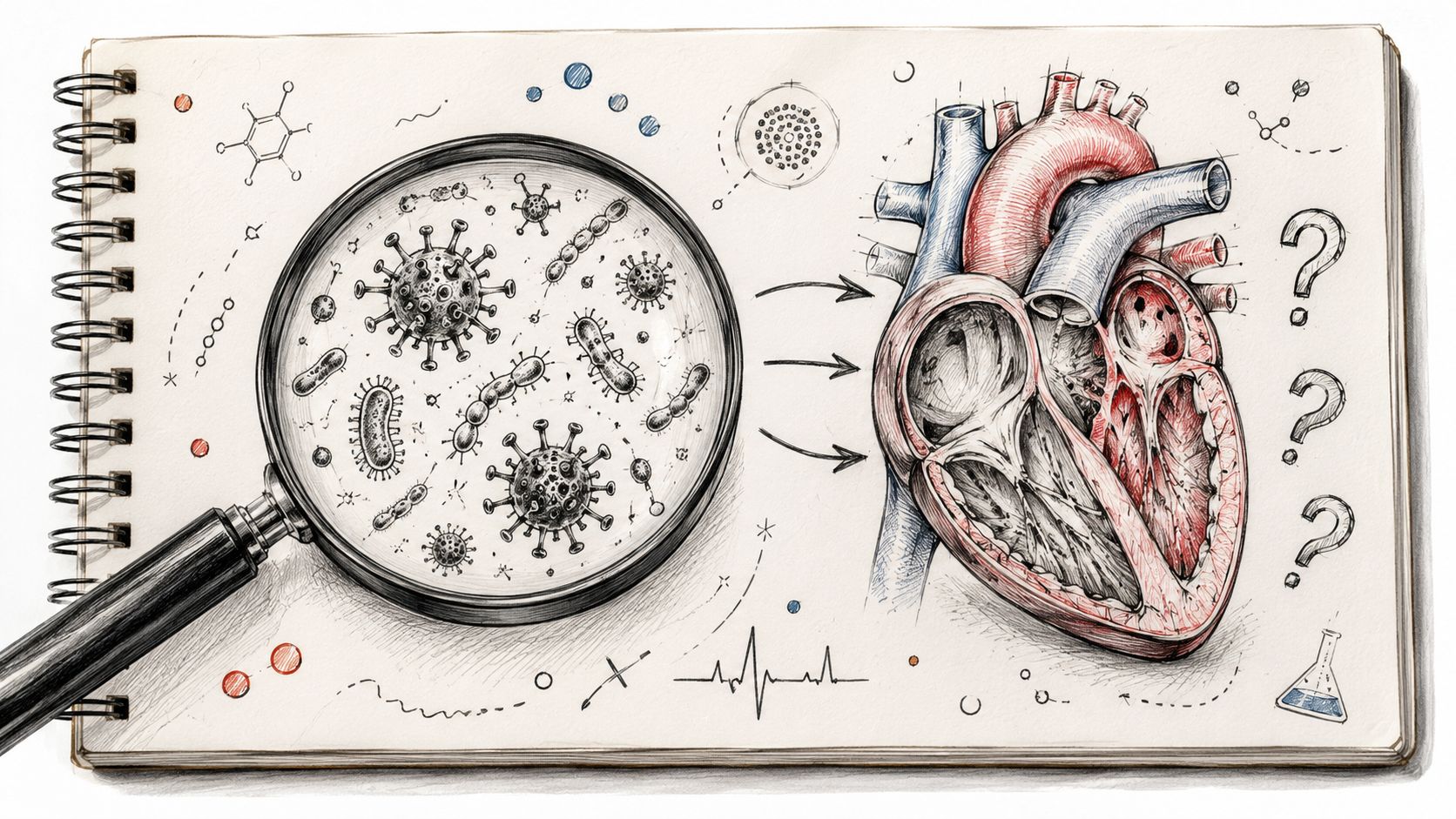 A detailed medical sketch depicting viruses and bacteria viewed under a magnifying glass pointing toward a human heart.