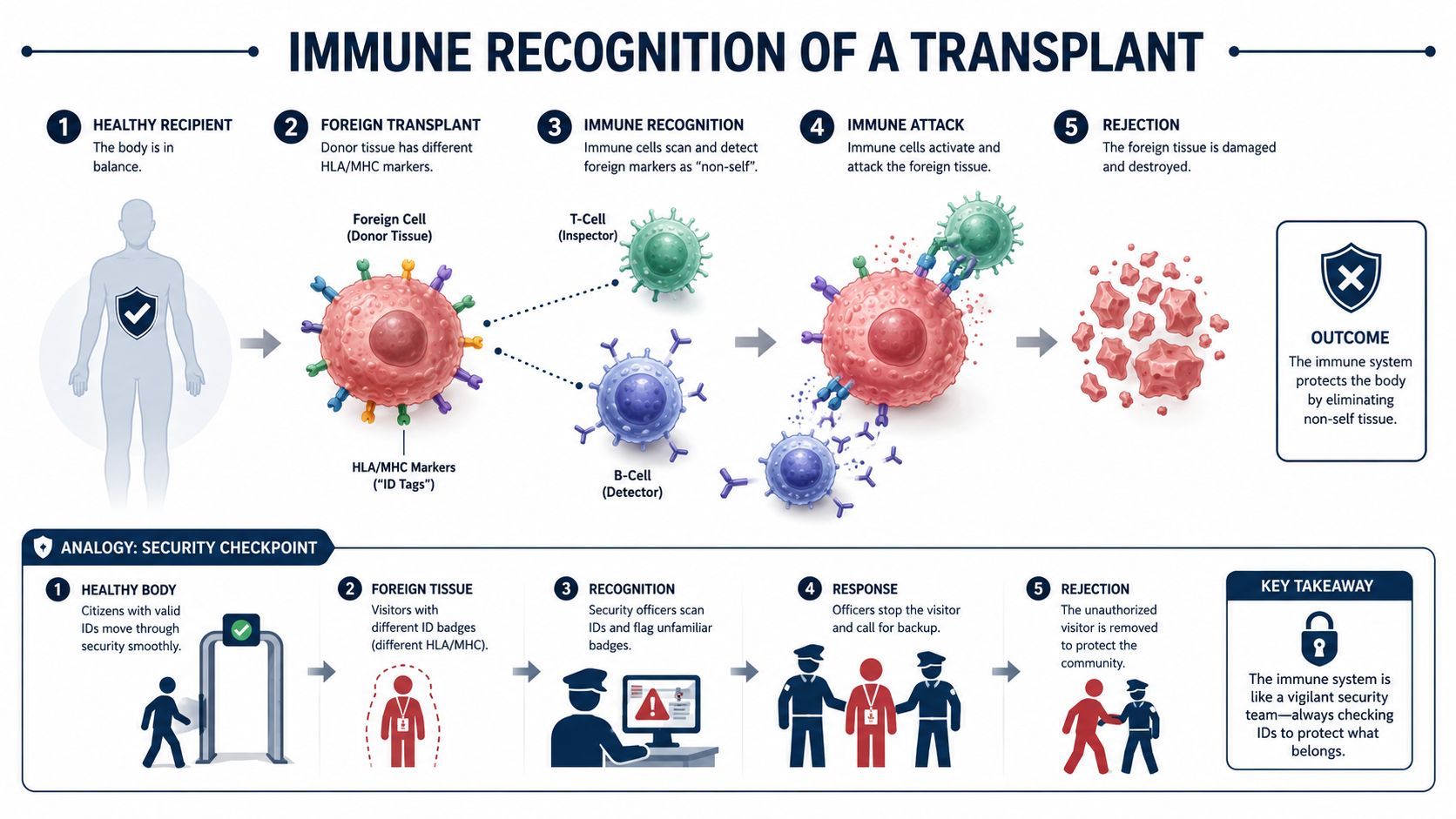 A diagram illustrating immune system transplant rejection with a security checkpoint analogy comparing body defense mechanisms.