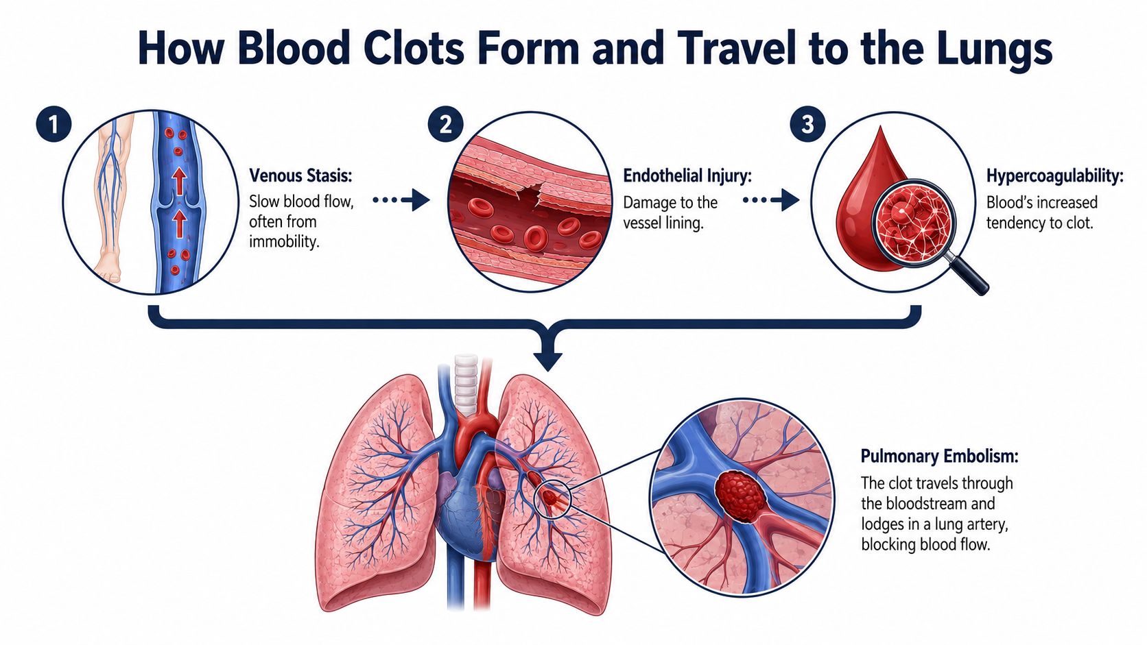A diagram illustrating how blood clots form and travel to the lungs causing a pulmonary embolism.