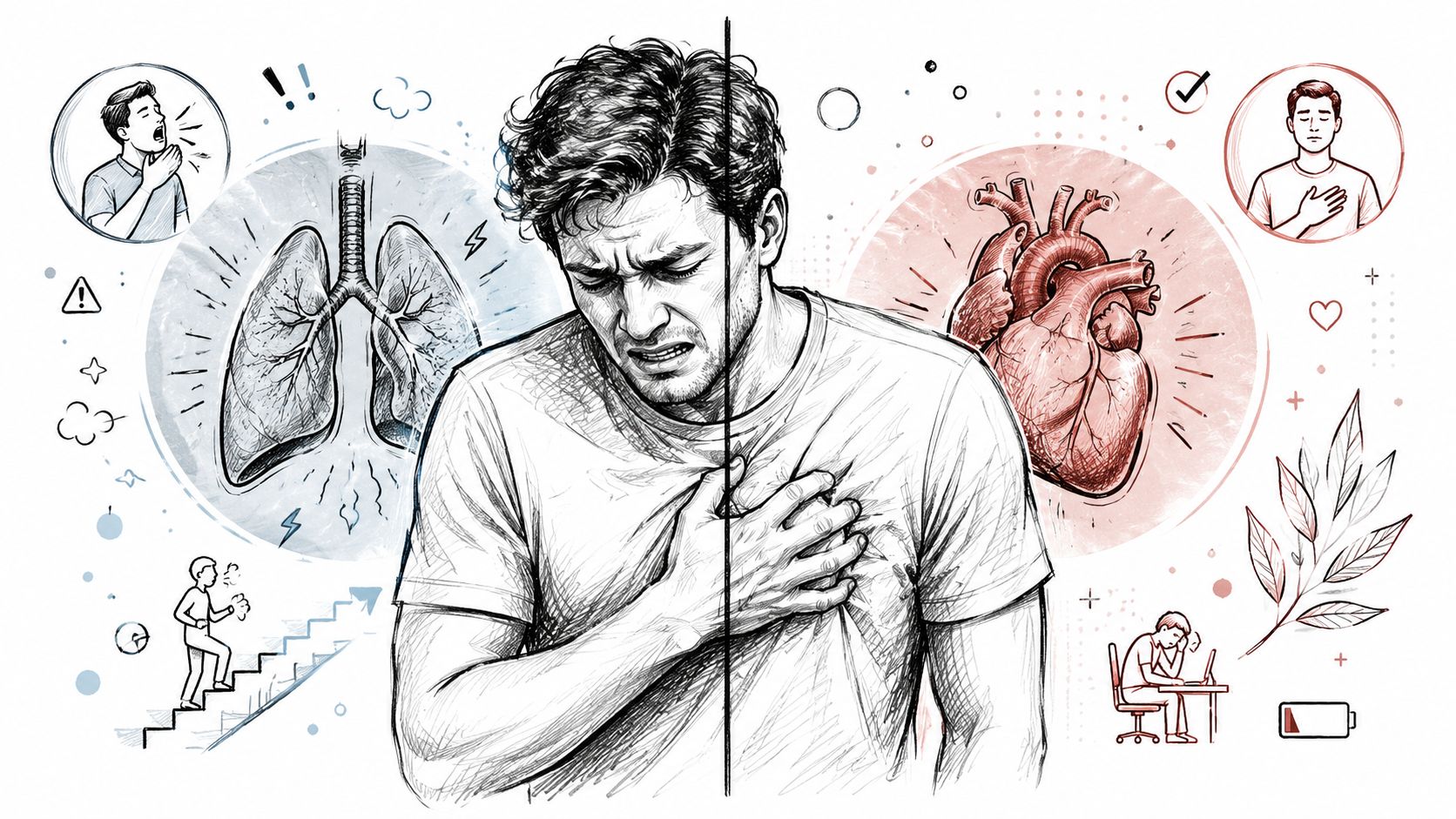 A split illustration comparing respiratory distress with lung issues on the left and cardiac symptoms on the right.