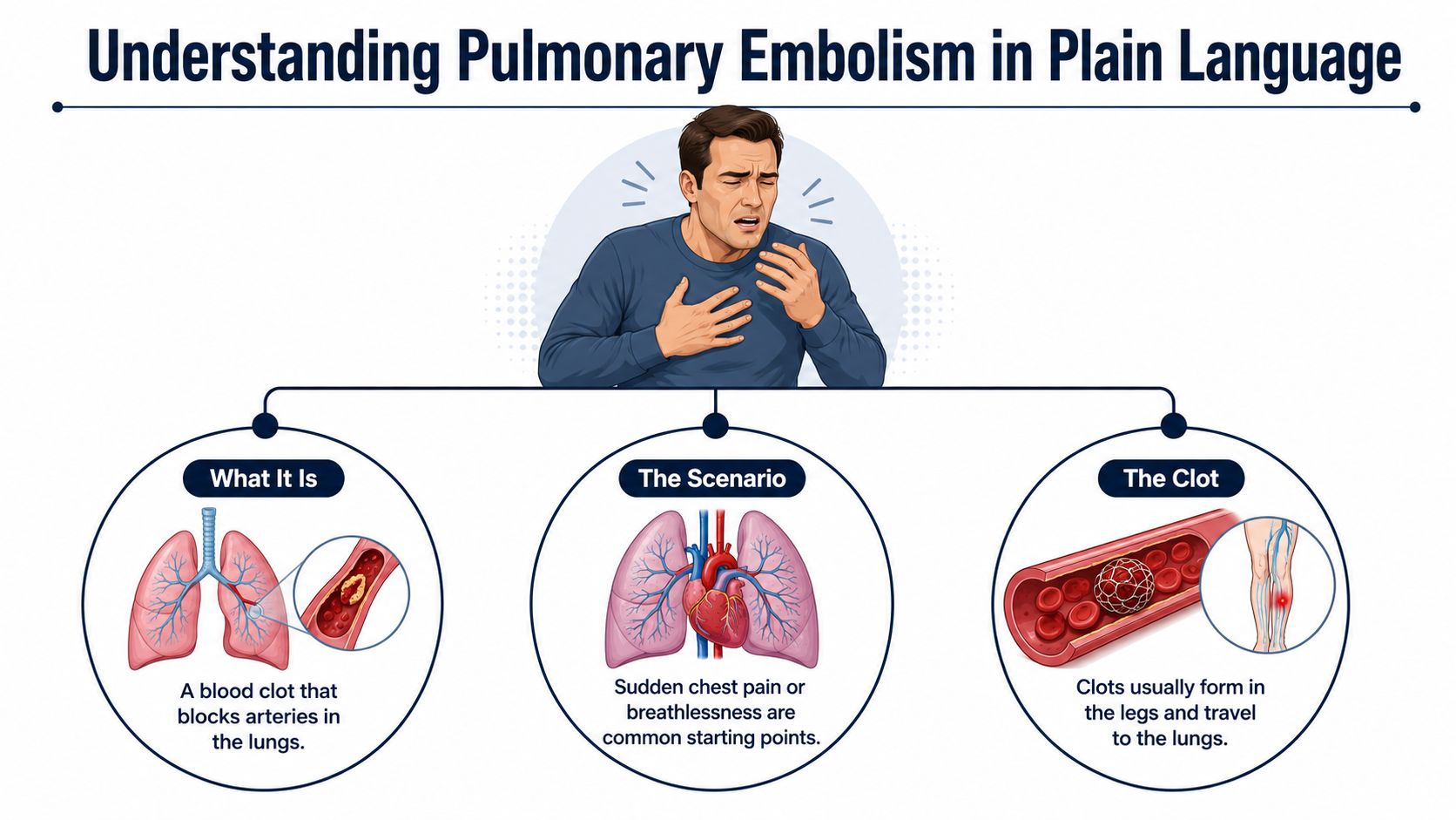 An infographic illustration explaining pulmonary embolism as a blood clot in the lungs with symptoms.