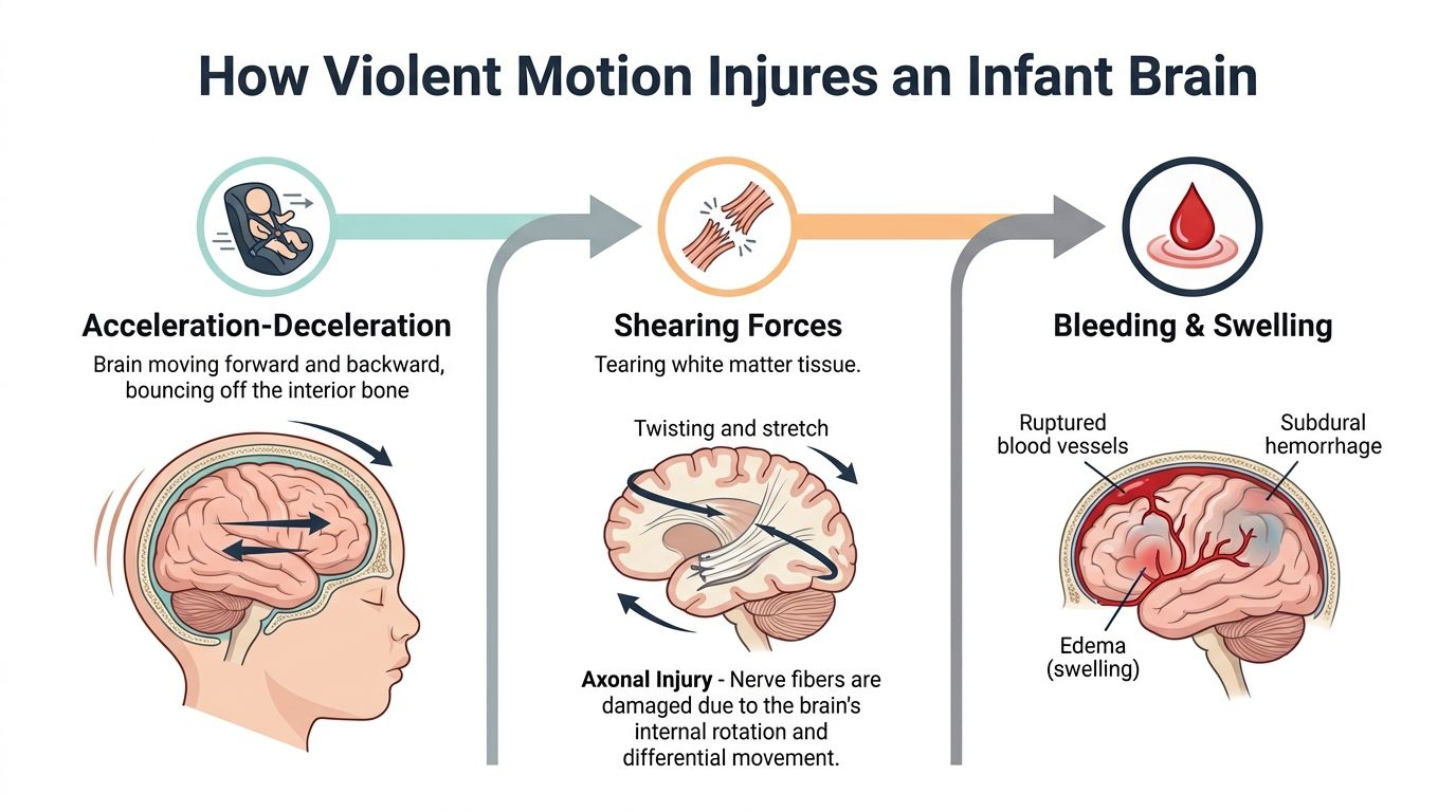 An infographic illustrating how violent motion causes brain injuries in infants through acceleration, shearing, and hemorrhaging.