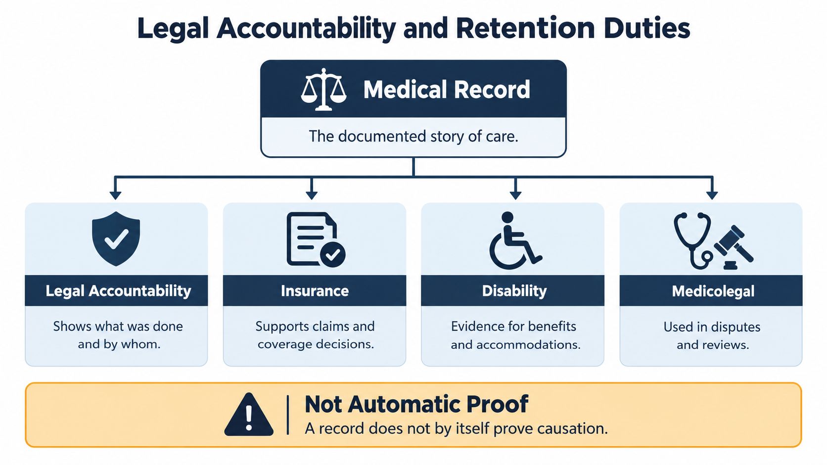 An infographic titled Legal Accountability and Retention Duties, detailing the four primary purposes of medical records.
