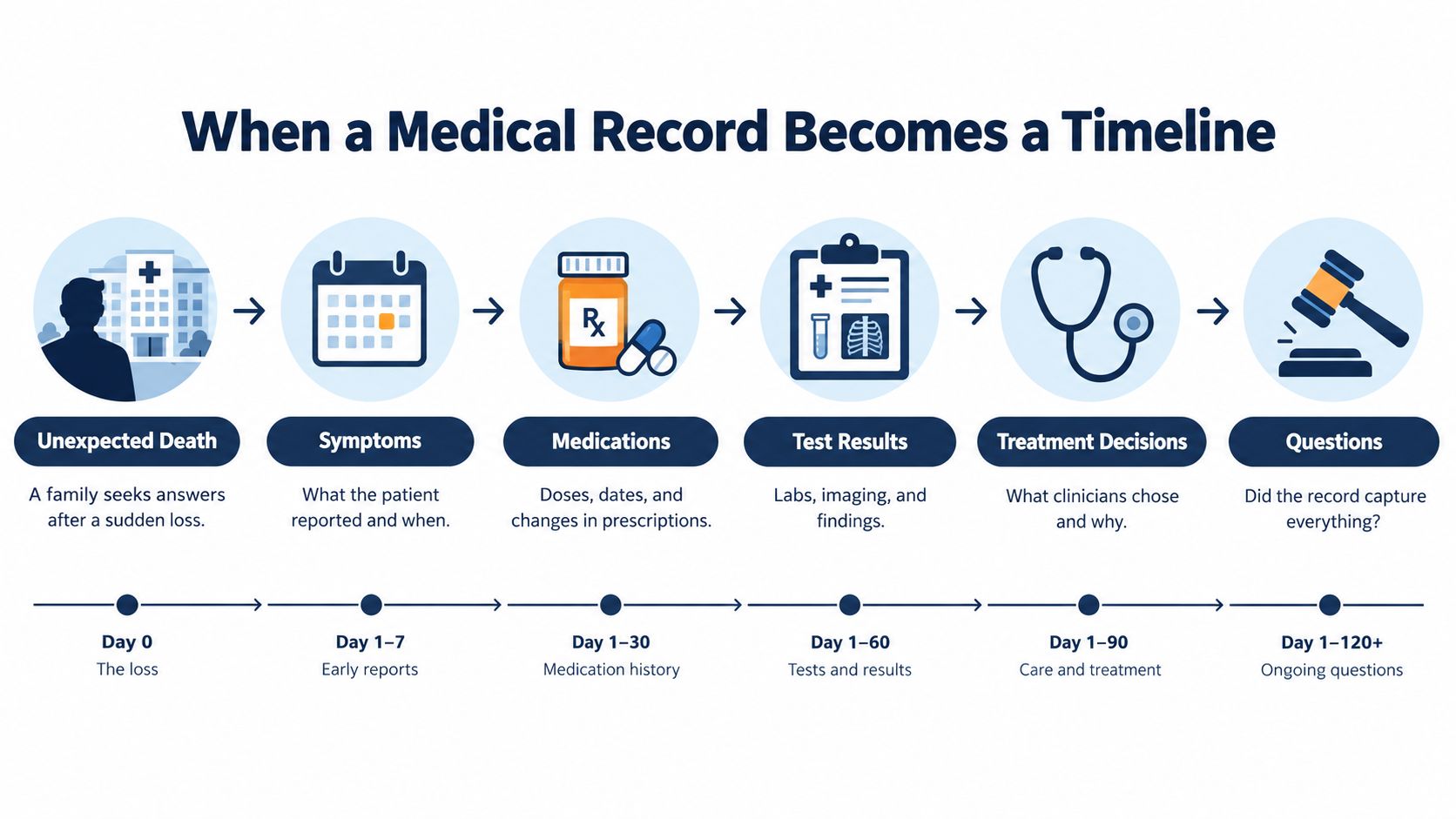 A timeline illustration showing how a medical record is reviewed following an unexpected patient death.