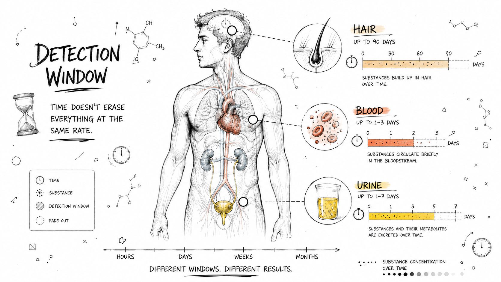 An educational infographic showing the varying detection windows for substances in hair, blood, and urine samples.