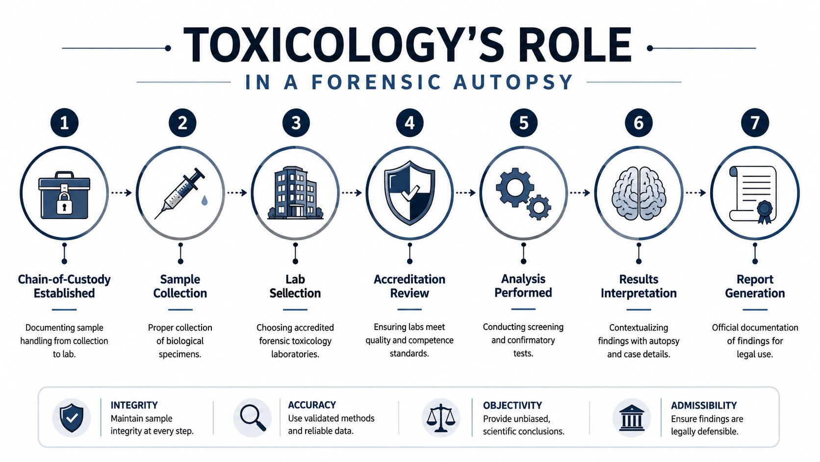 A seven-step infographic explaining the role of forensic toxicology in a medico-legal autopsy procedure.