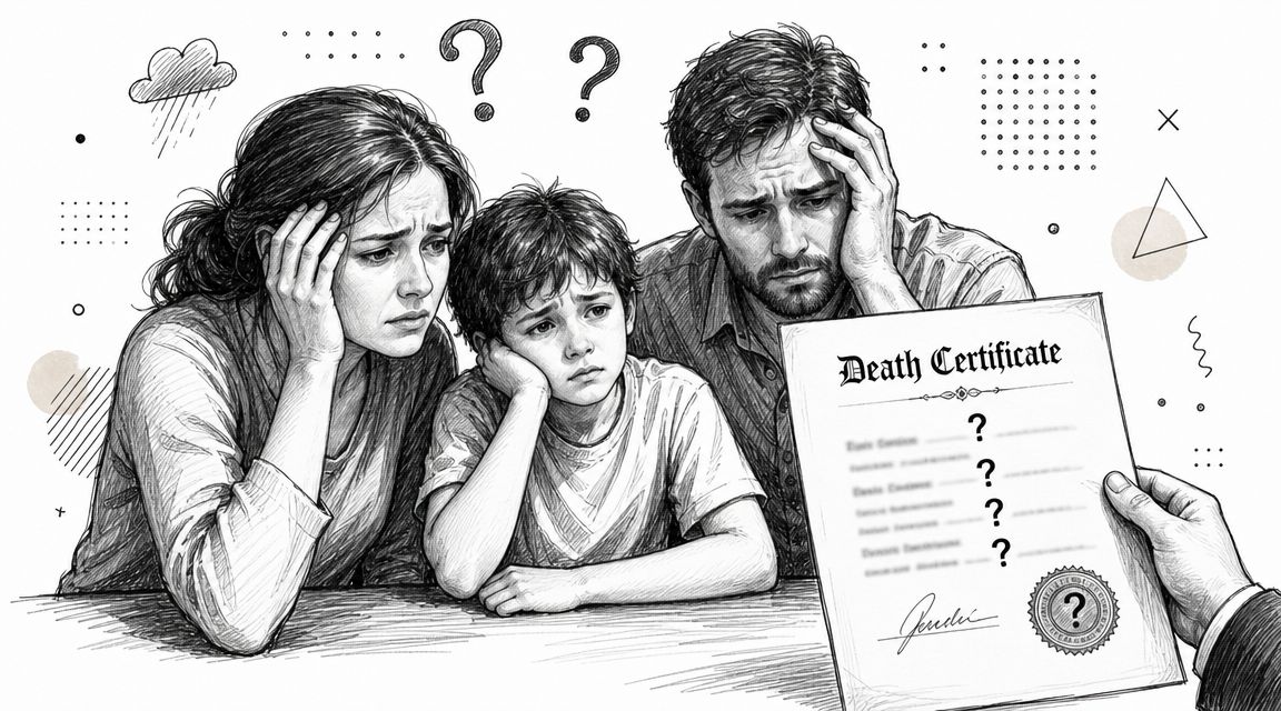 A family of three appears sad and confused while looking at a mysterious death certificate with blank lines.