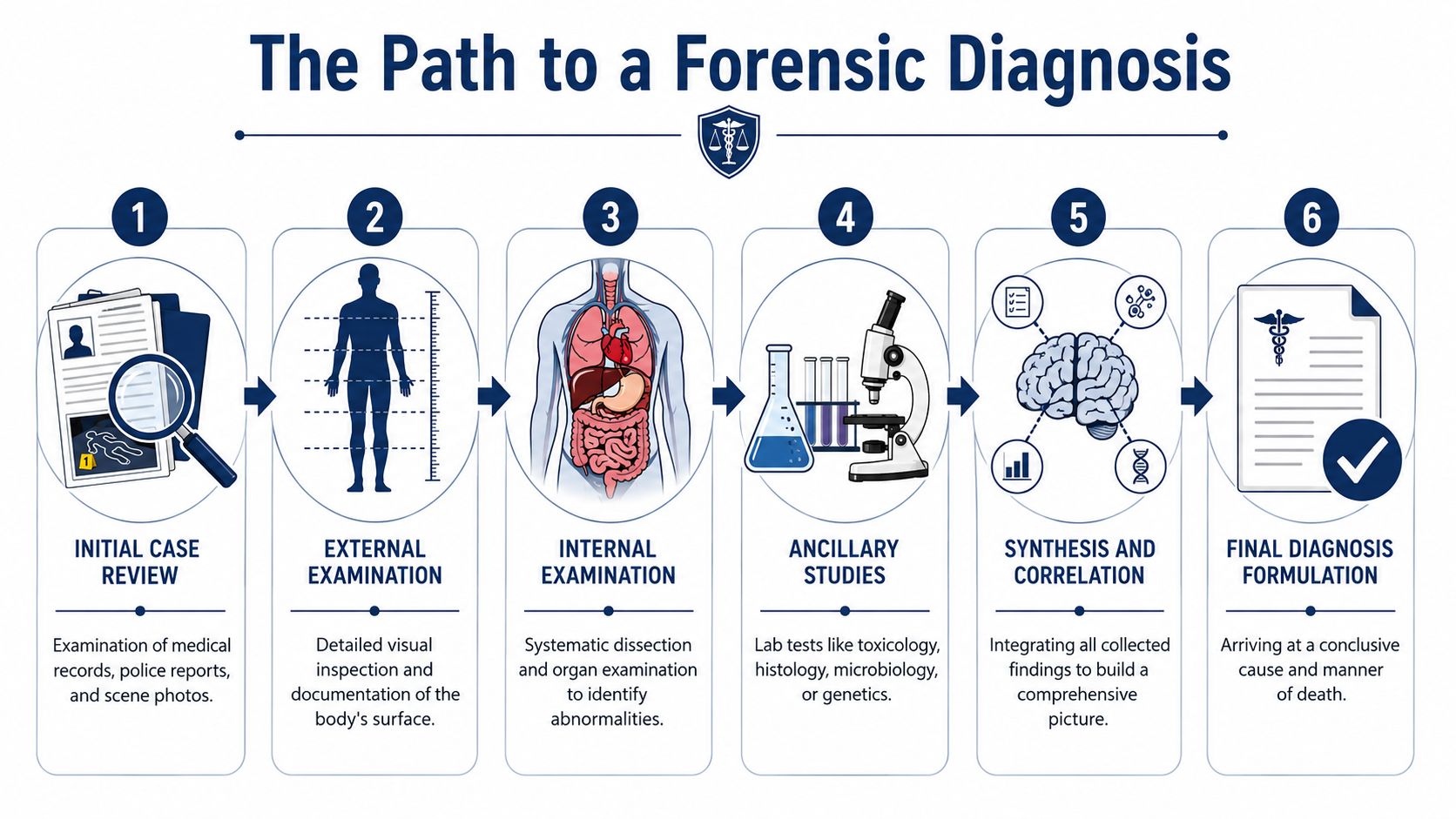 An infographic titled The Path to a Forensic Diagnosis showing six steps for determining cause of death.