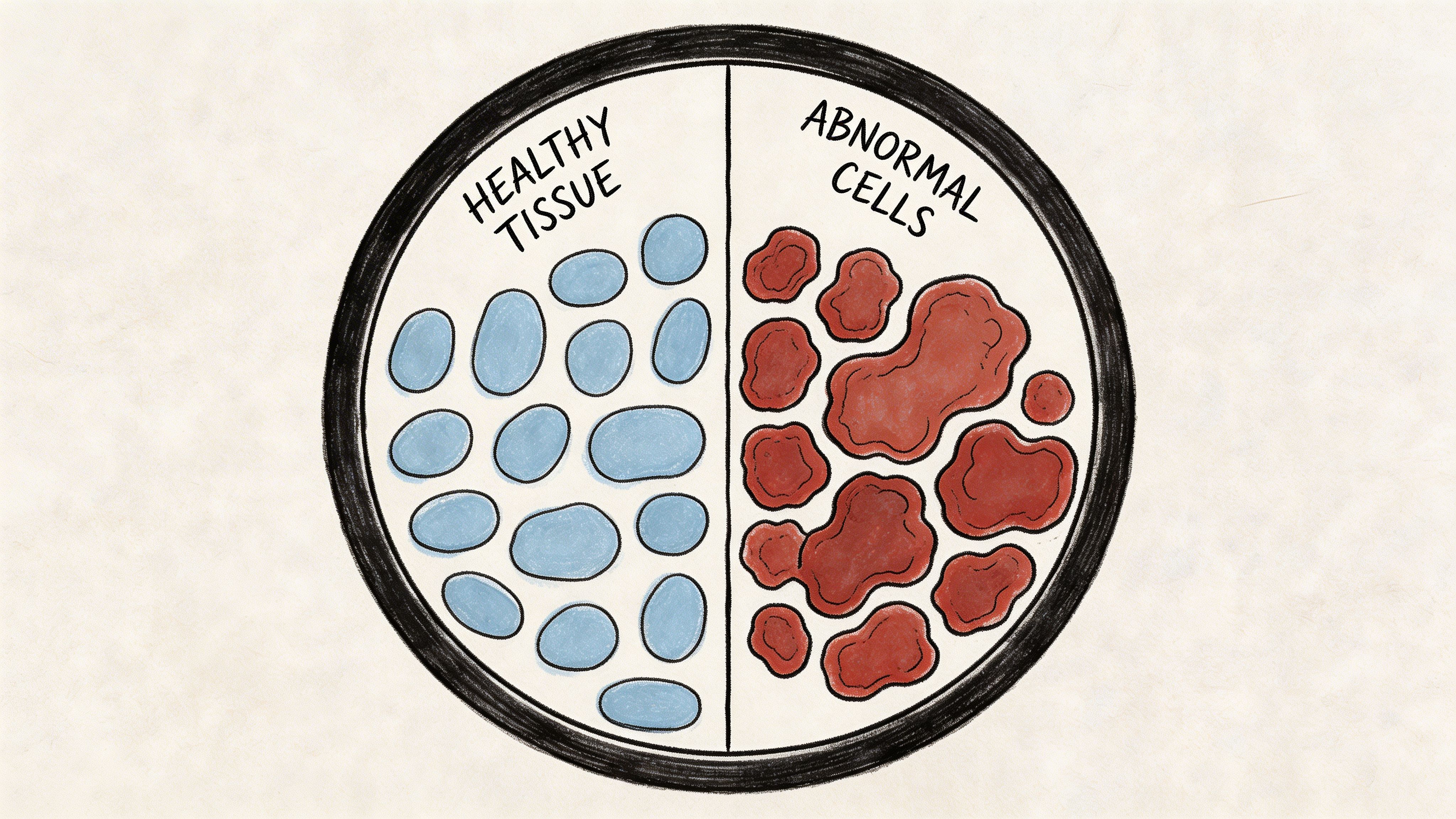 A split illustration comparing uniform blue healthy tissue cells with irregular red abnormal cancer cells in a petri dish.