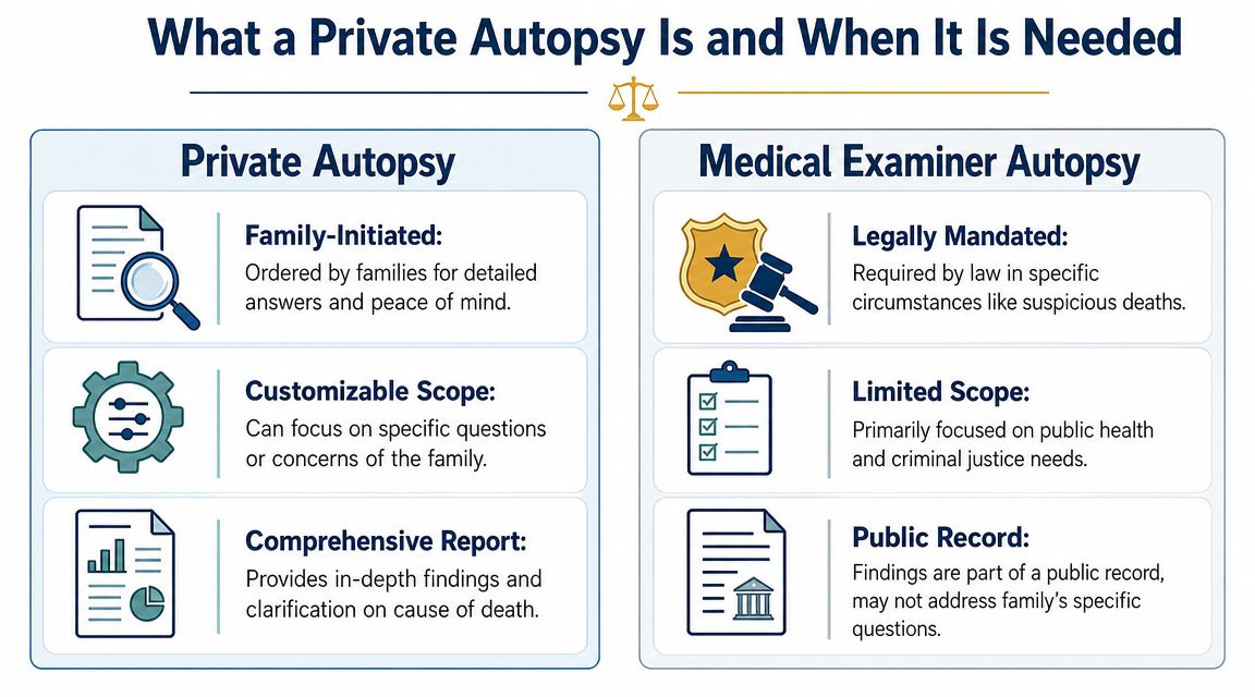 A comparison chart explaining the differences between private and medical examiner autopsies, highlighting initiation and scope.
