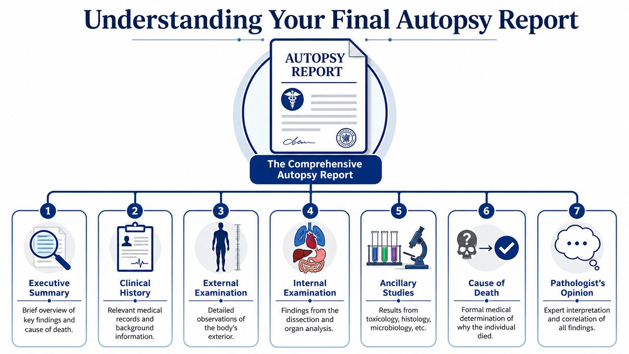 An infographic detailing the seven key sections of a comprehensive final autopsy report for medical educational purposes.