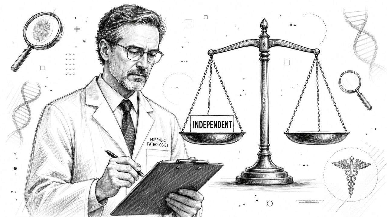 A forensic pathologist examining a document beside a scale of justice, representing objective scientific investigation and analysis.