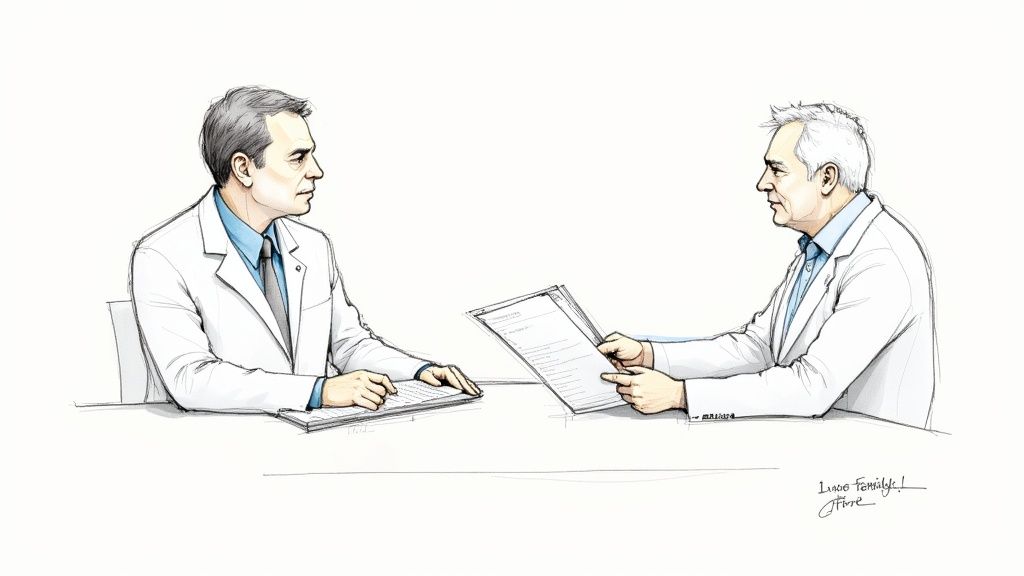Illustration of two professionals in white coats discussing documents at a table.