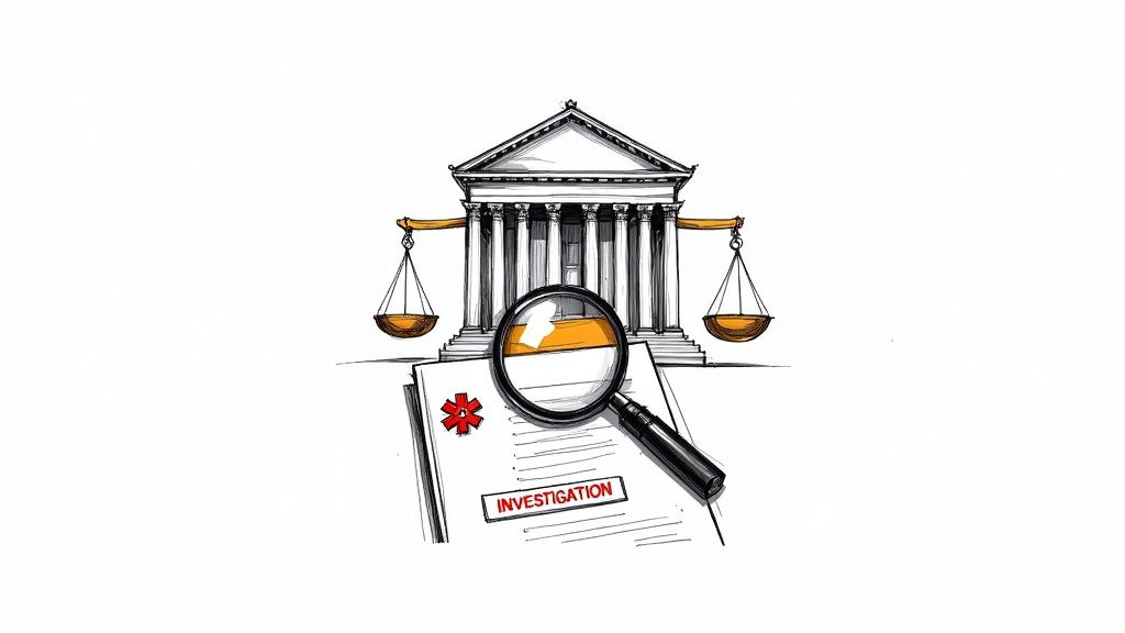 A drawing of a courthouse, scales of justice, and a document labeled 'INVESTIGATION' with a magnifying glass.