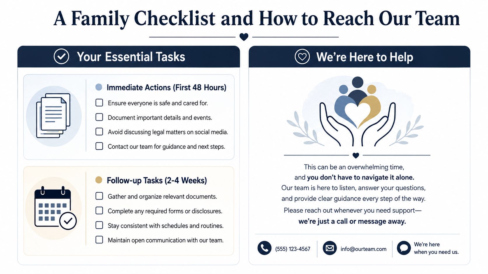 An infographic checklist for families providing guidance on immediate and follow-up steps after a traumatic legal event.