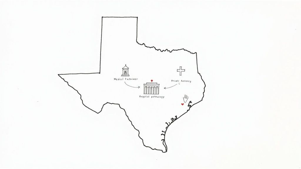 A hand-drawn map of Texas illustrating the flow between medical examiner, private autopsy, and hospital pathology.