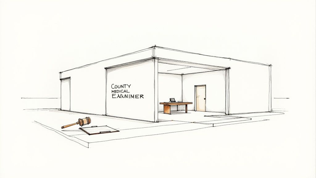 A pen and ink sketch of a county medical examiner's office building with a desk and a gavel.