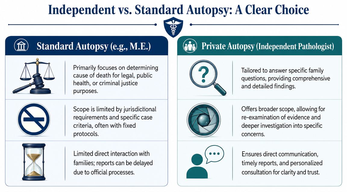 A comparison chart outlining the differences between standard medical examiner autopsies and private independent pathologist autopsies.