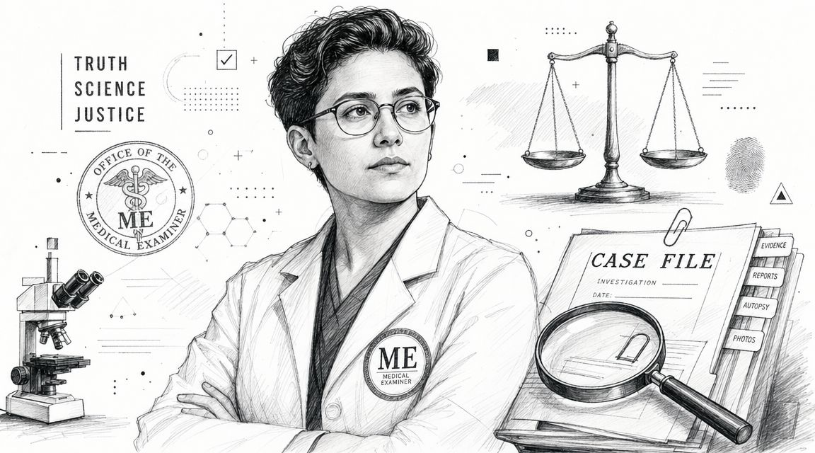A professional medical examiner standing in front of a case file, microscope, and scales of justice.