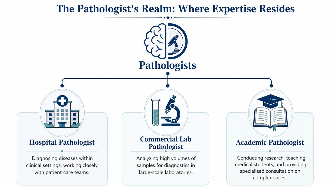 A diagram illustrating the three primary work environments for pathologists including hospitals, laboratories, and academic institutions.
