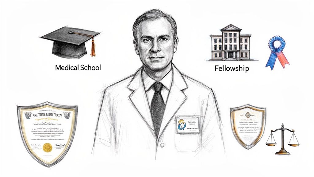 Illustration of a doctor with symbols of medical education, fellowship, and professional qualifications.