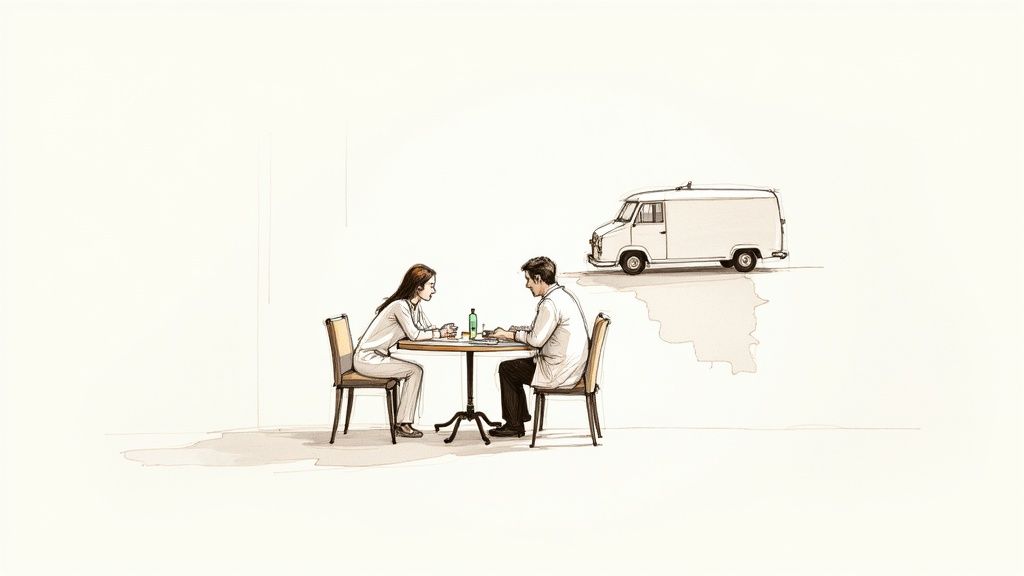 Couple dining at cafe table with van illustration in background