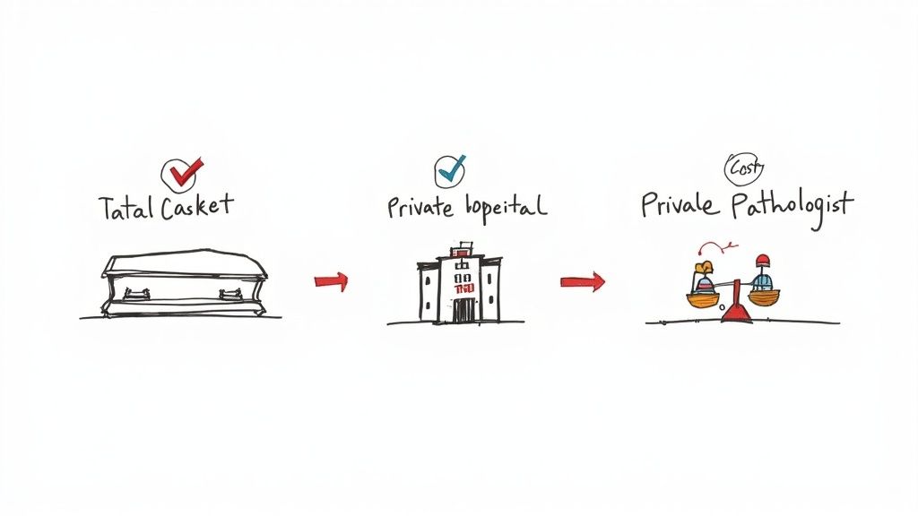 Flowchart showing process from casket to private hospital to private pathologist for autopsy request