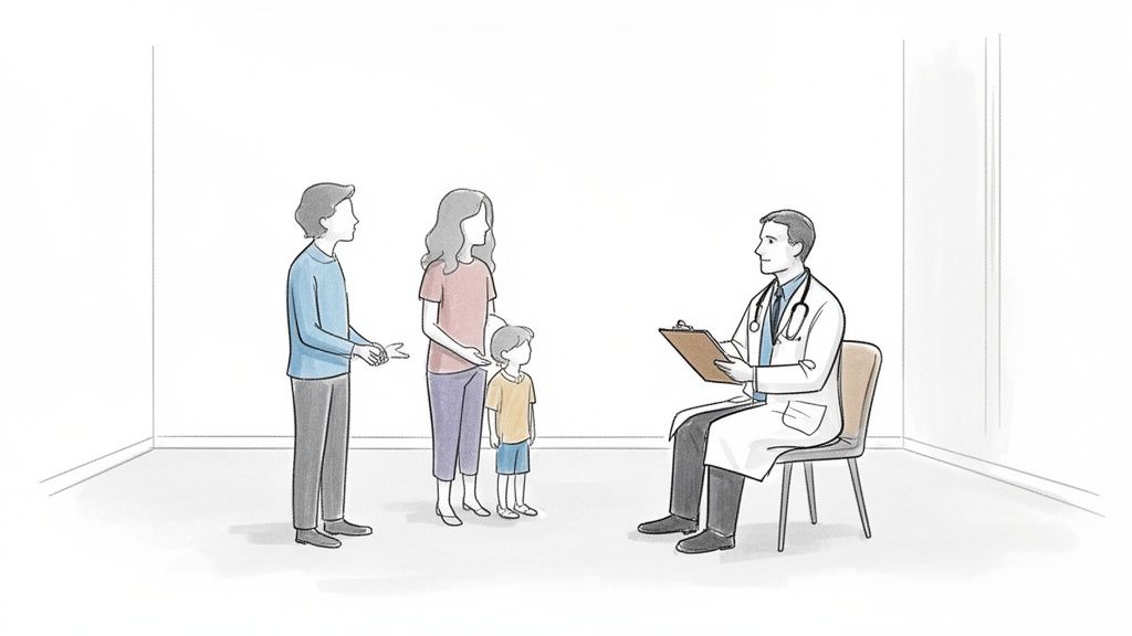 A doctor sits with a clipboard, consulting a family of three: a man, woman, and young child.