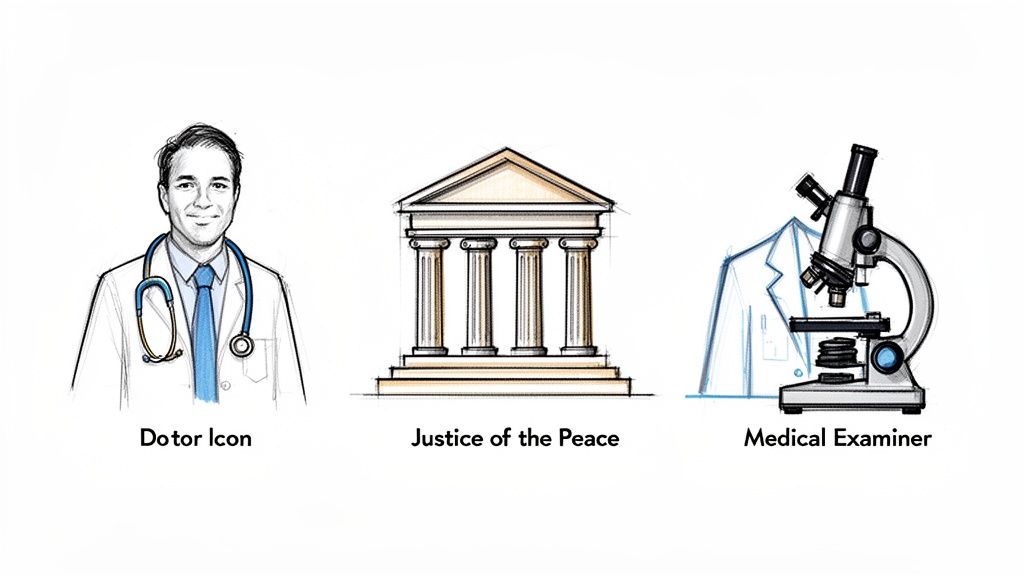 Three illustrations depict a doctor icon, a courthouse for justice, and a medical examiner's microscope.