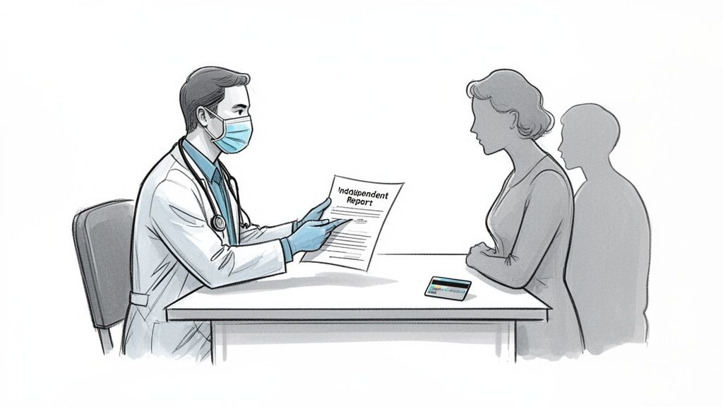 A masked doctor reviews an independent report with a patient, with a credit card on the table.