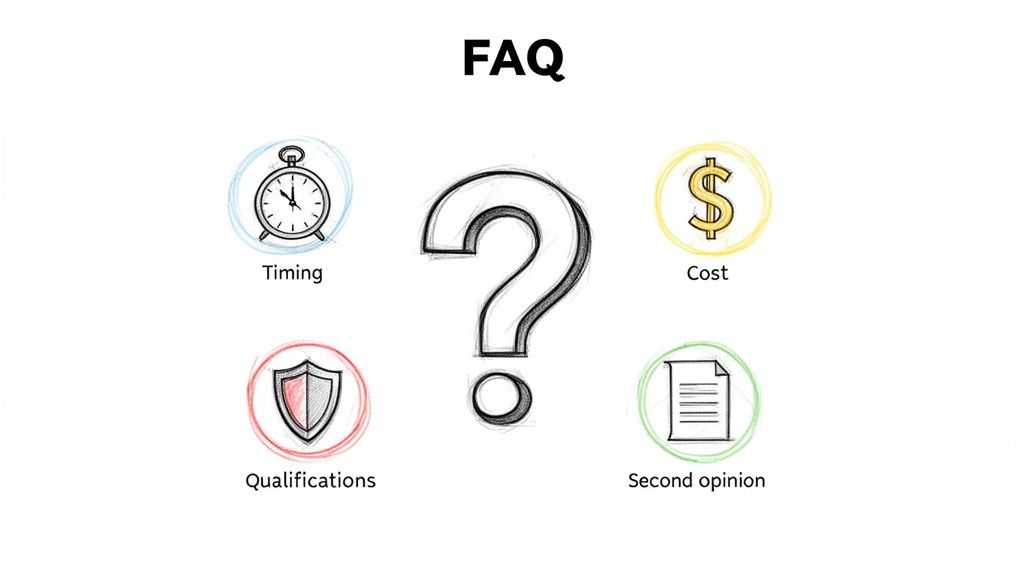 An FAQ graphic with a central question mark, surrounded by icons for timing, cost, qualifications, and second opinion.