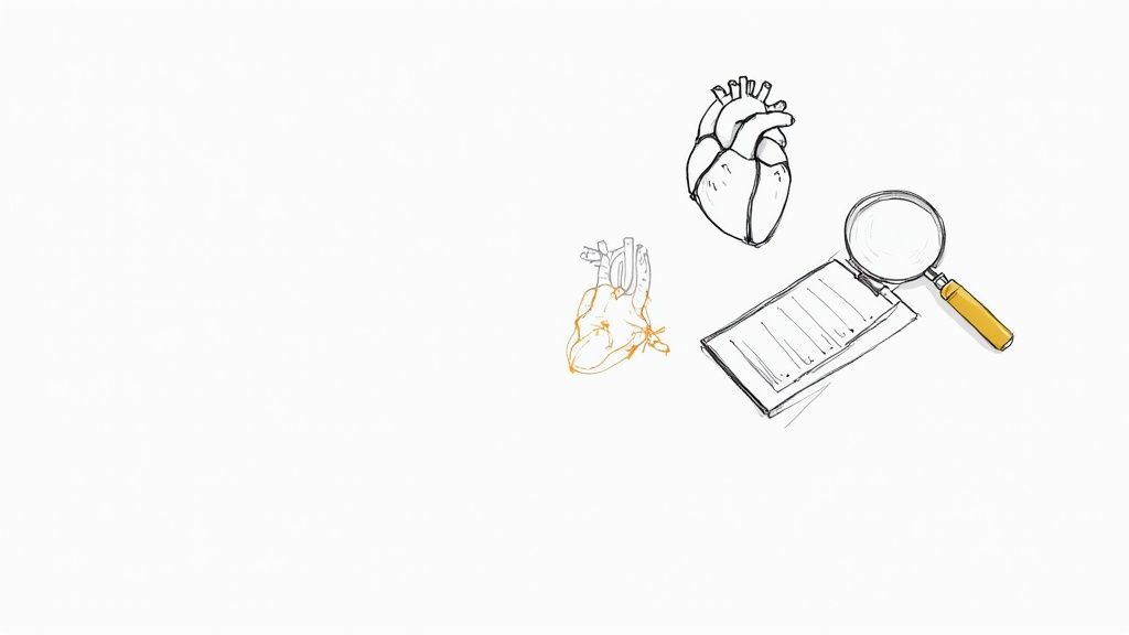 Sketch of a human heart, documents, and a magnifying glass on a white background, suggesting medical analysis.