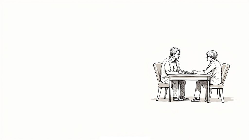 Two people in glasses sit across a table with small objects, sketched in black and white.
