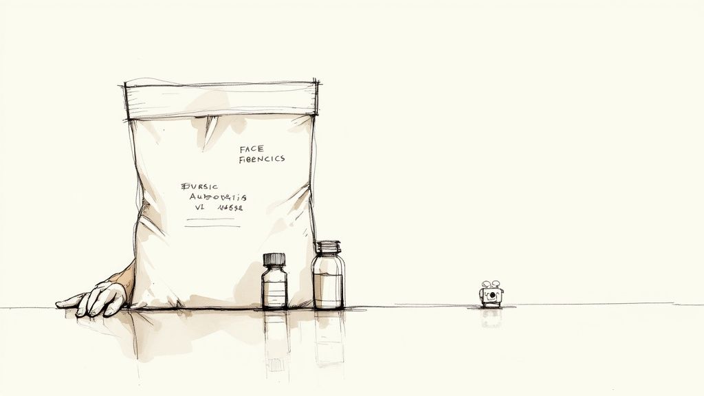 Minimalist sketch of a forensic scene with a bag, a hand, two vials, and a vintage camera.