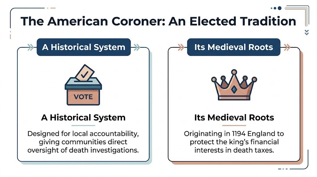 An infographic titled The American Coroner: An Elected Tradition, detailing historical and medieval origins of coroner systems.