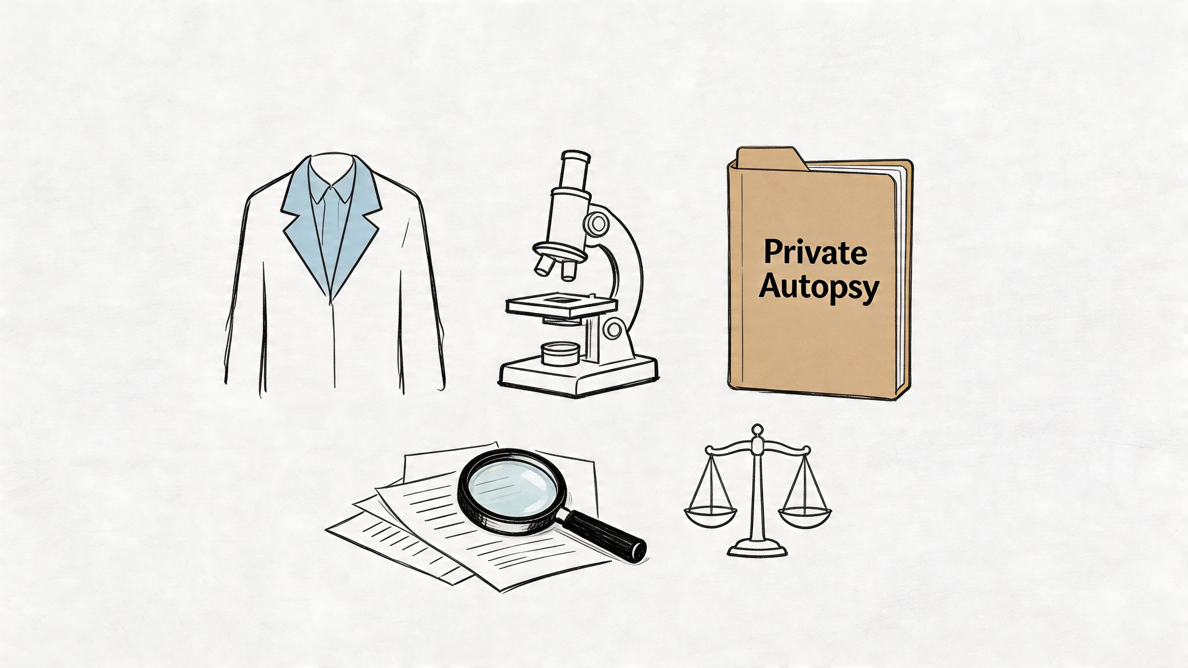 An illustration showing a medical lab coat, microscope, file folder, magnifier, and scales of justice.