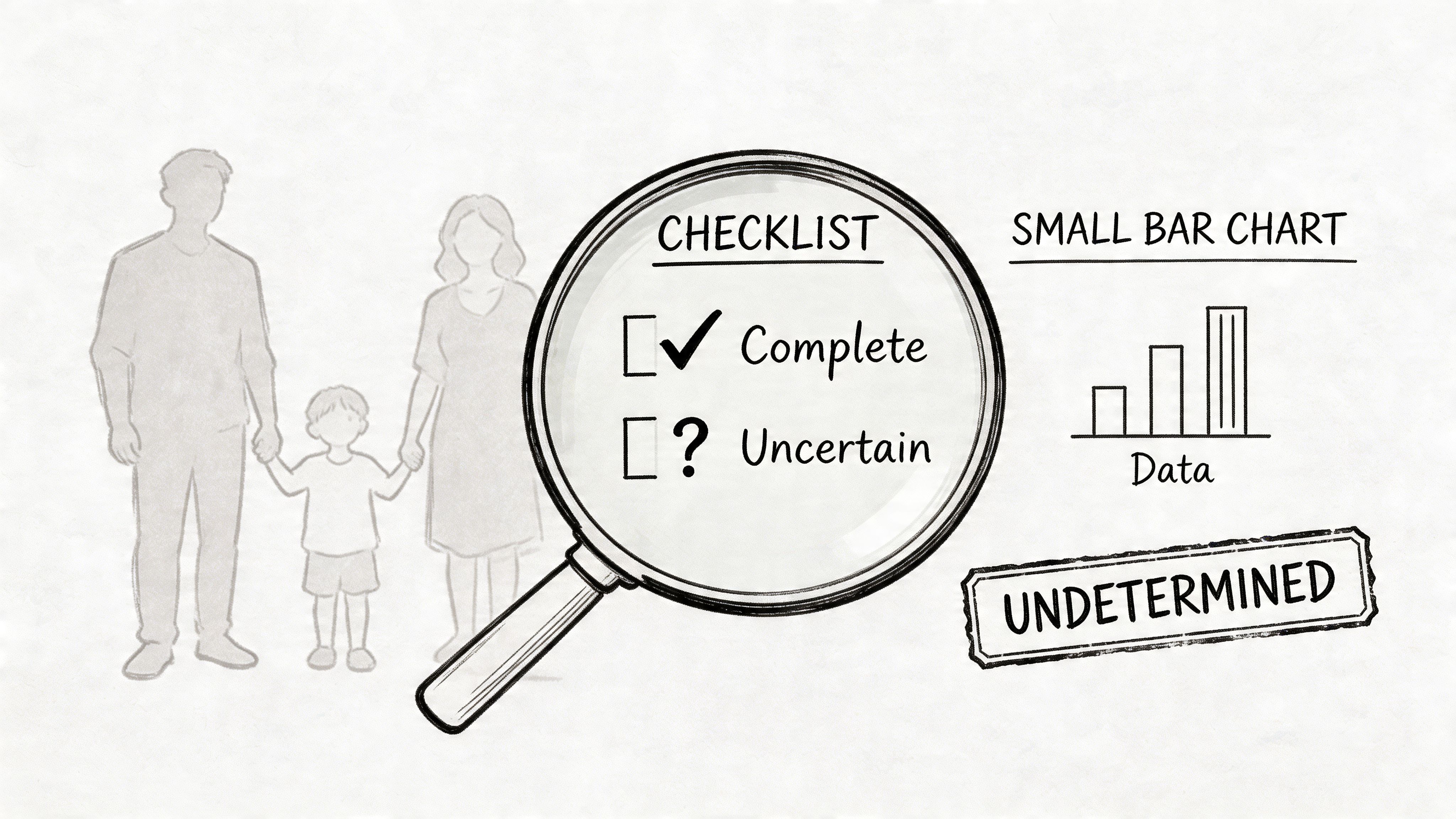 A conceptual illustration showing a family, a checklist with uncertainty, and an undetermined status sign.
