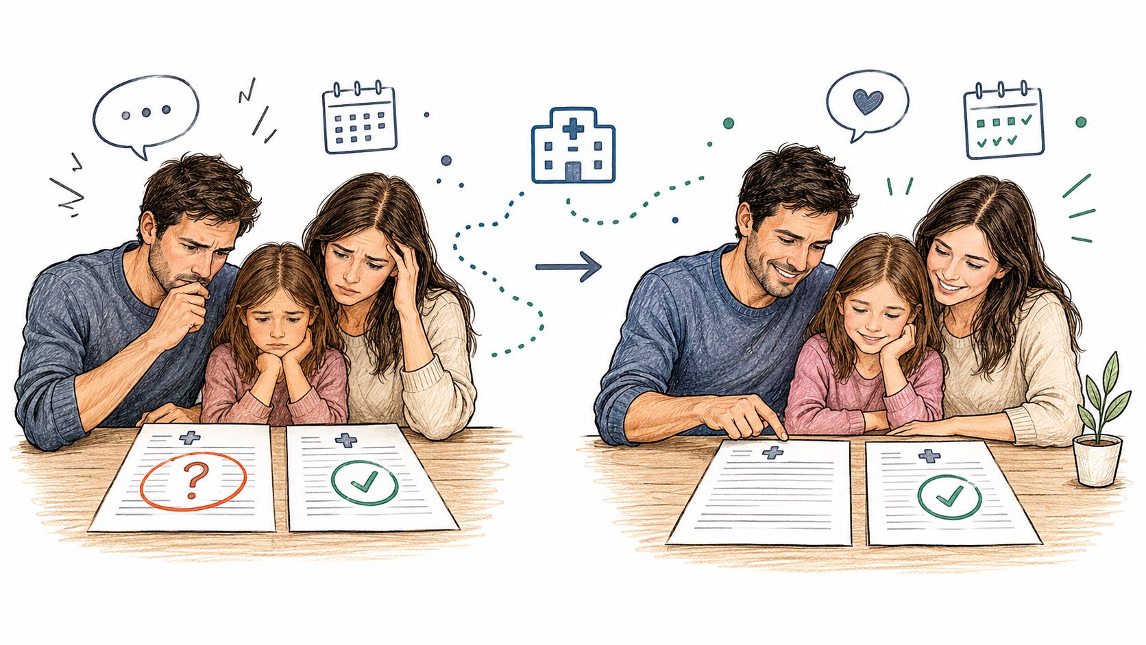 A family transitions from worriedly analyzing medical documents to feeling relieved and happy after a doctor consultation.