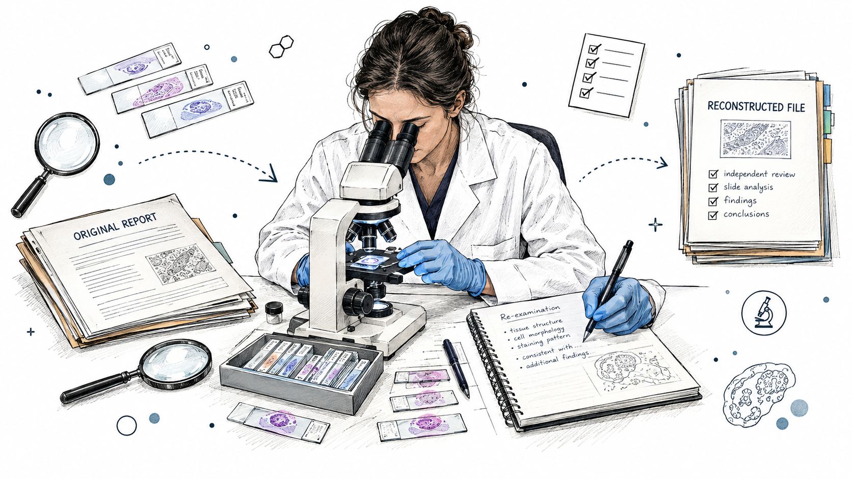 A pathologist wearing blue gloves examines tissue samples under a microscope to provide a second medical opinion.