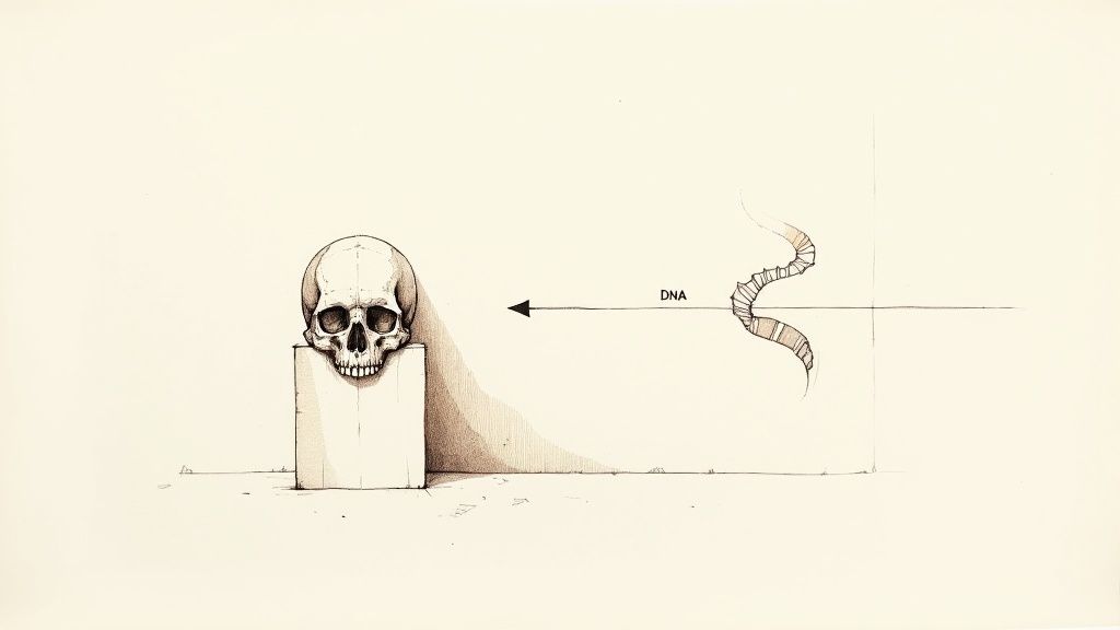 A stark illustration shows a human skull on a block, with a DNA helix and arrow pointing towards it.