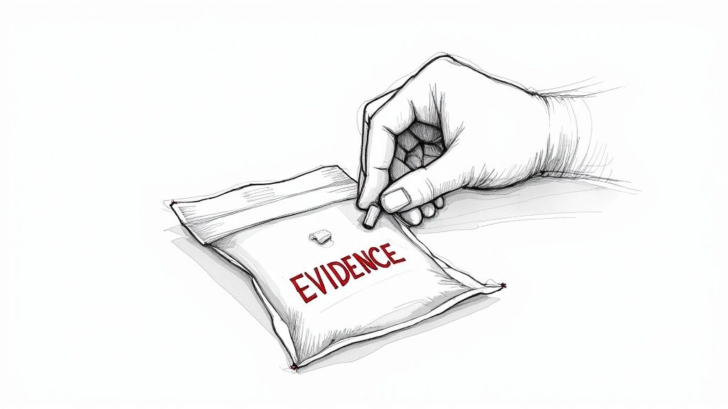 A sketch illustration of a hand placing a small piece of evidence into a clear plastic bag.