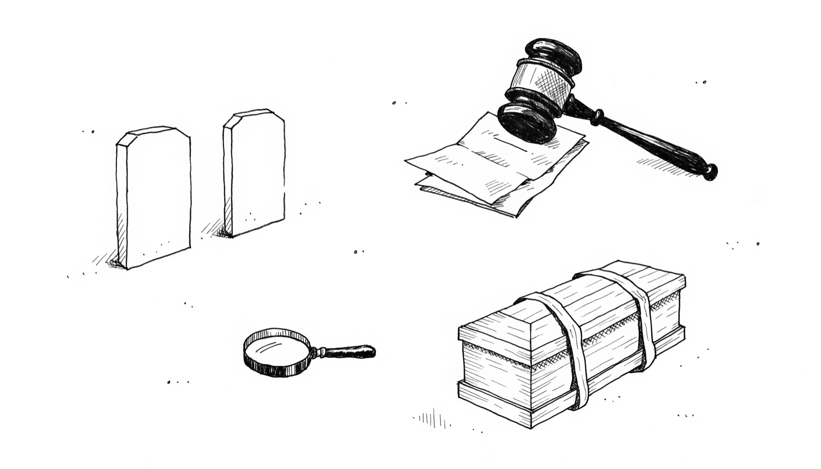 A cemetery with headstones, a closed casket on straps, a gavel and a magnifier