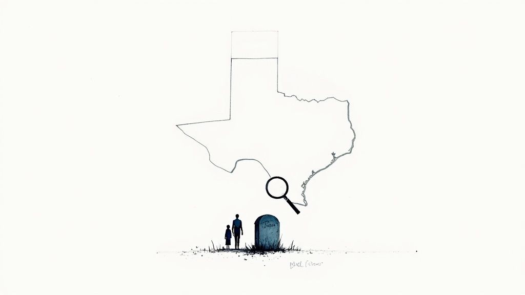 Illustration of Texas, a magnifying glass over a tombstone with two figures.