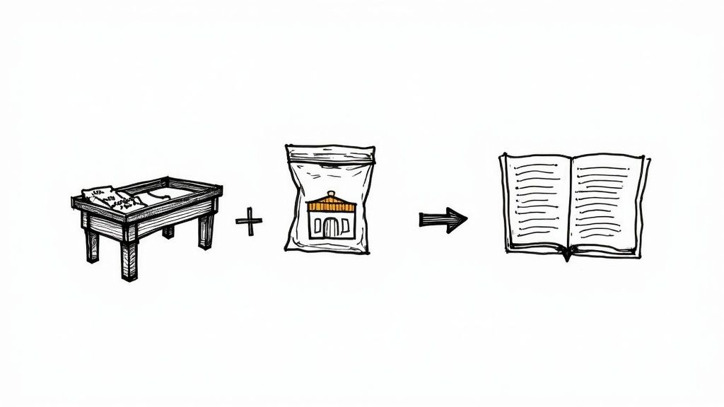 Hand-drawn visual equation: a table with documents plus a bag containing a house, leading to an open book.