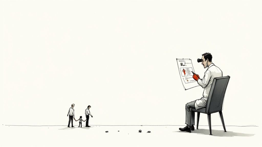 An expert in a lab coat reviews documents with a magnifying device, while a family walks in the distance.