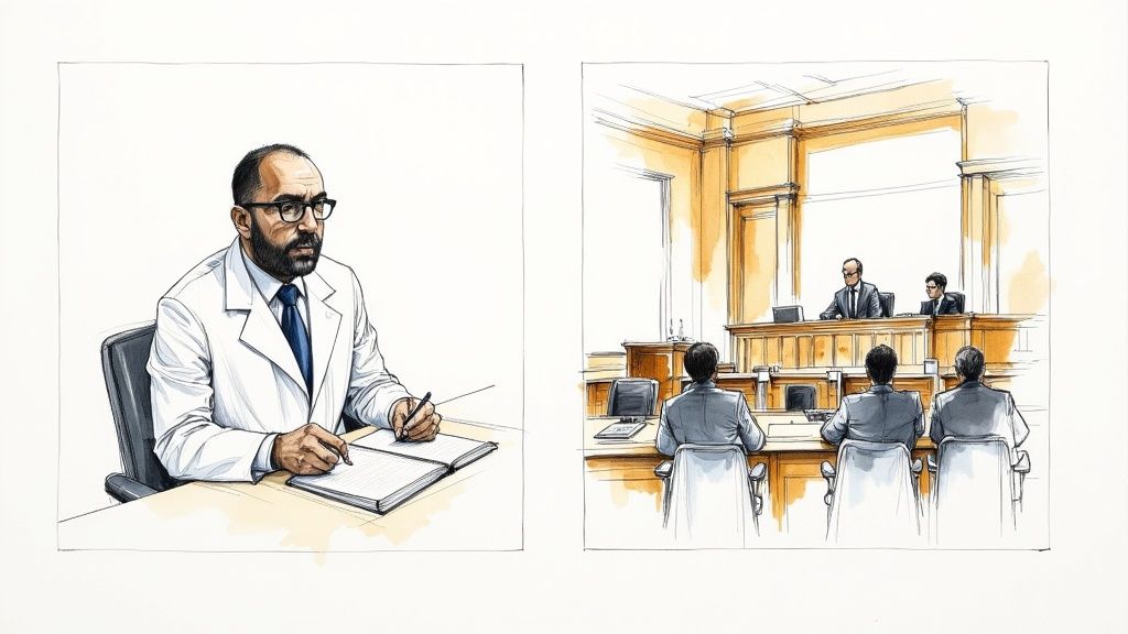 Illustration showing an expert taking notes and a separate courtroom scene, depicting legal consultation.
